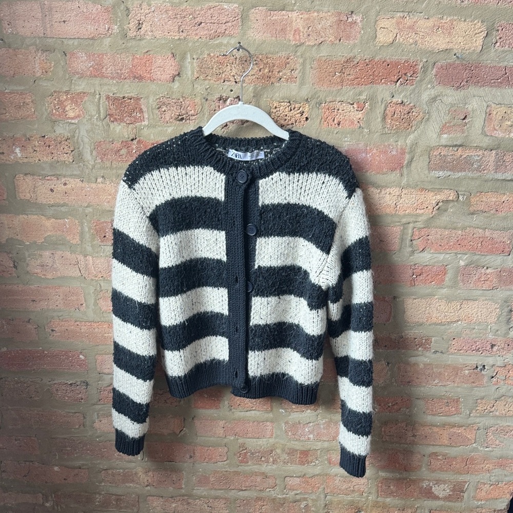 Zara navy and Cream Striped Cardigan